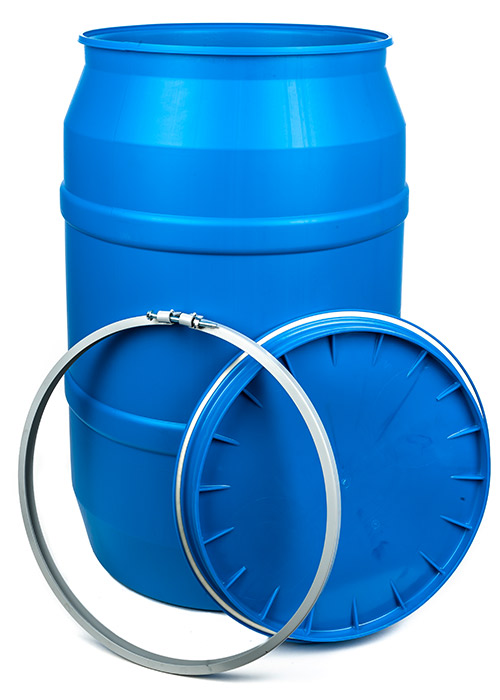 55 Gallon Plastic Drum, Open Head, UN Rated, Bolt Ring Blue Best Containers